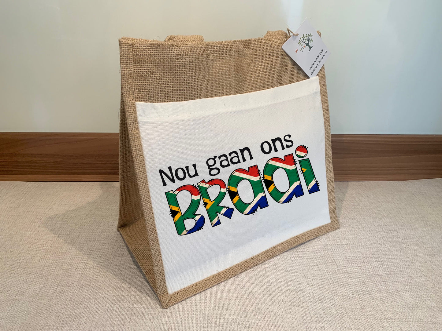 BBQ Braai South African flag Jute Hessian Burlap tote Bag Nou gaan ons slang shopping gift eco friedly reusable