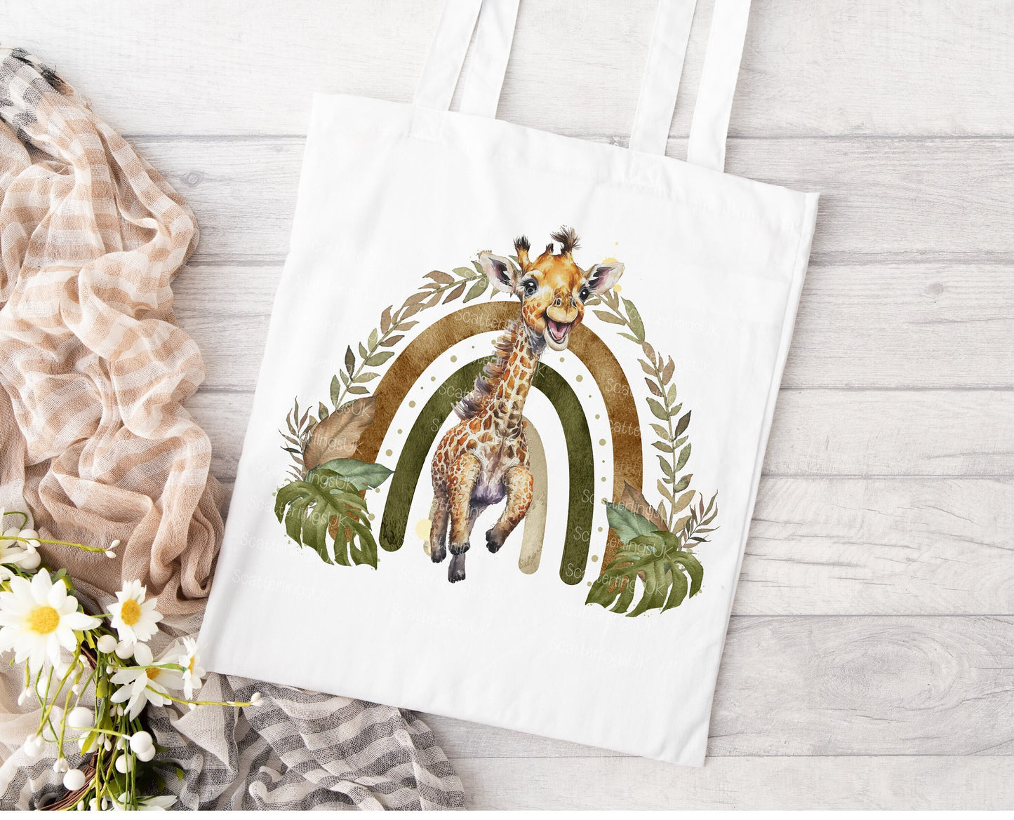 Giraffe Rainbow personalised custom white tote bag gift for teacher mum nan reusable eco-friendly safari jungle