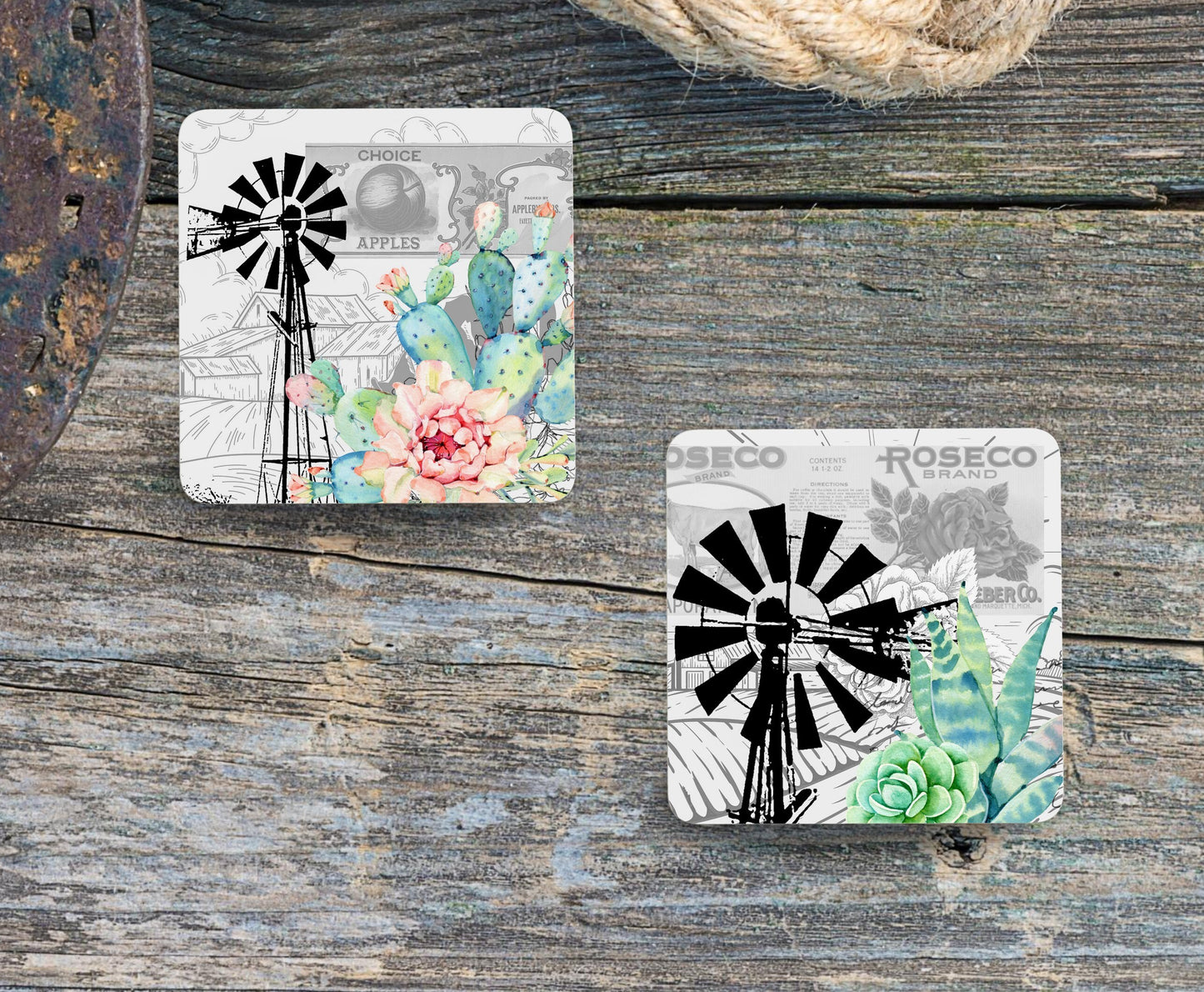 Set of 4 Coasters with Display Stand, Cactus Prickly Pears and Karoo Windpomp. Set of 4 South African 9x9cm coasters.