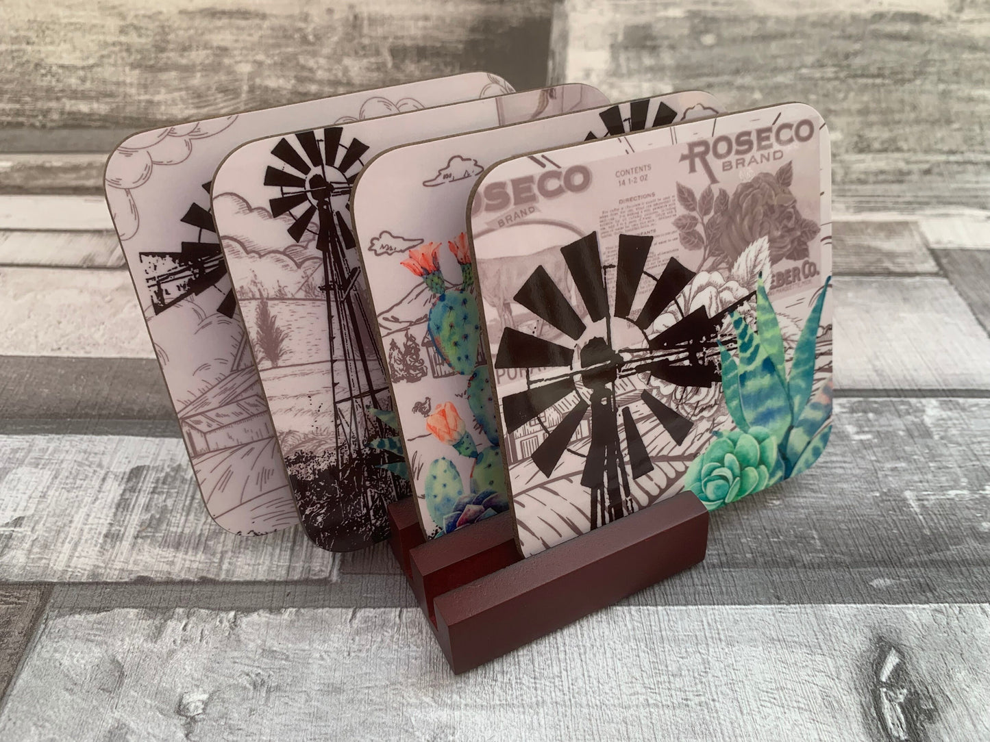 Set of 4 Coasters with Display Stand, Cactus Prickly Pears and Karoo Windpomp. Set of 4 South African 9x9cm coasters.