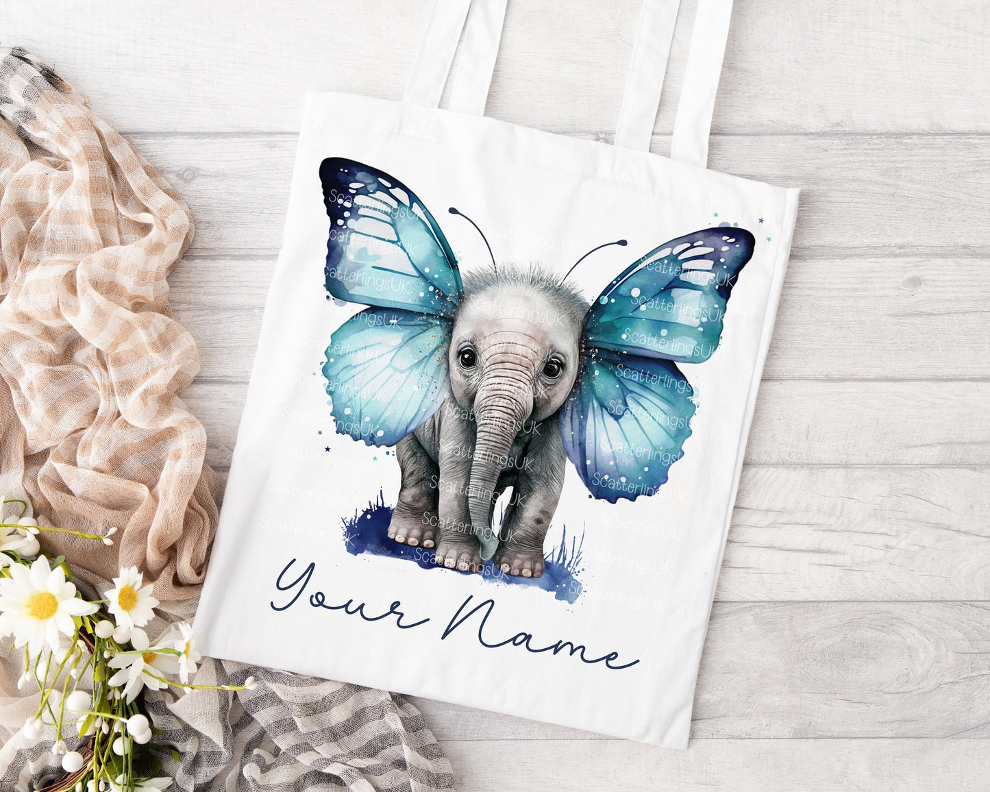 Elephant Butterfly Blue Wings Tote Bag, Personalised, Elephant Lover Bag, Unique Gift for Mum/ Grandma, Personalised Gift, Mother’s Day gift