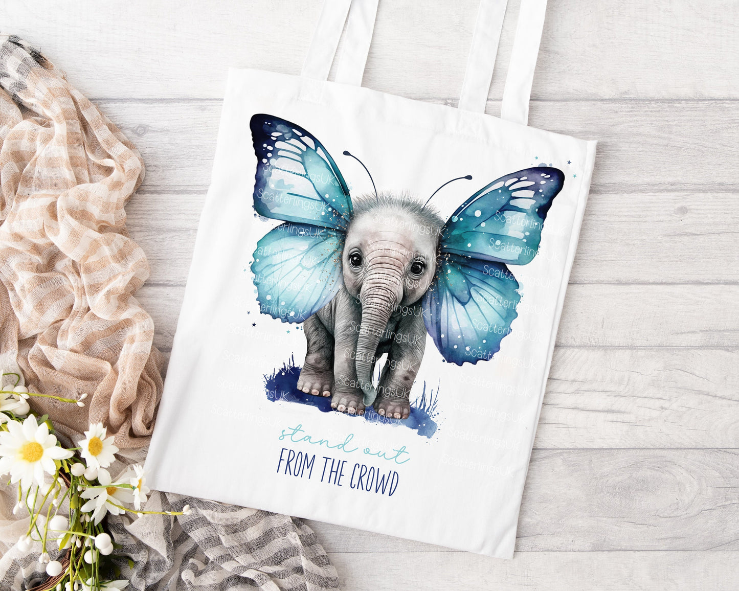 Elephant Butterfly Blue Wings Tote Bag, Personalised, Elephant Lover Bag, Unique Gift for Mum/ Grandma, Personalised Gift, Mother’s Day gift