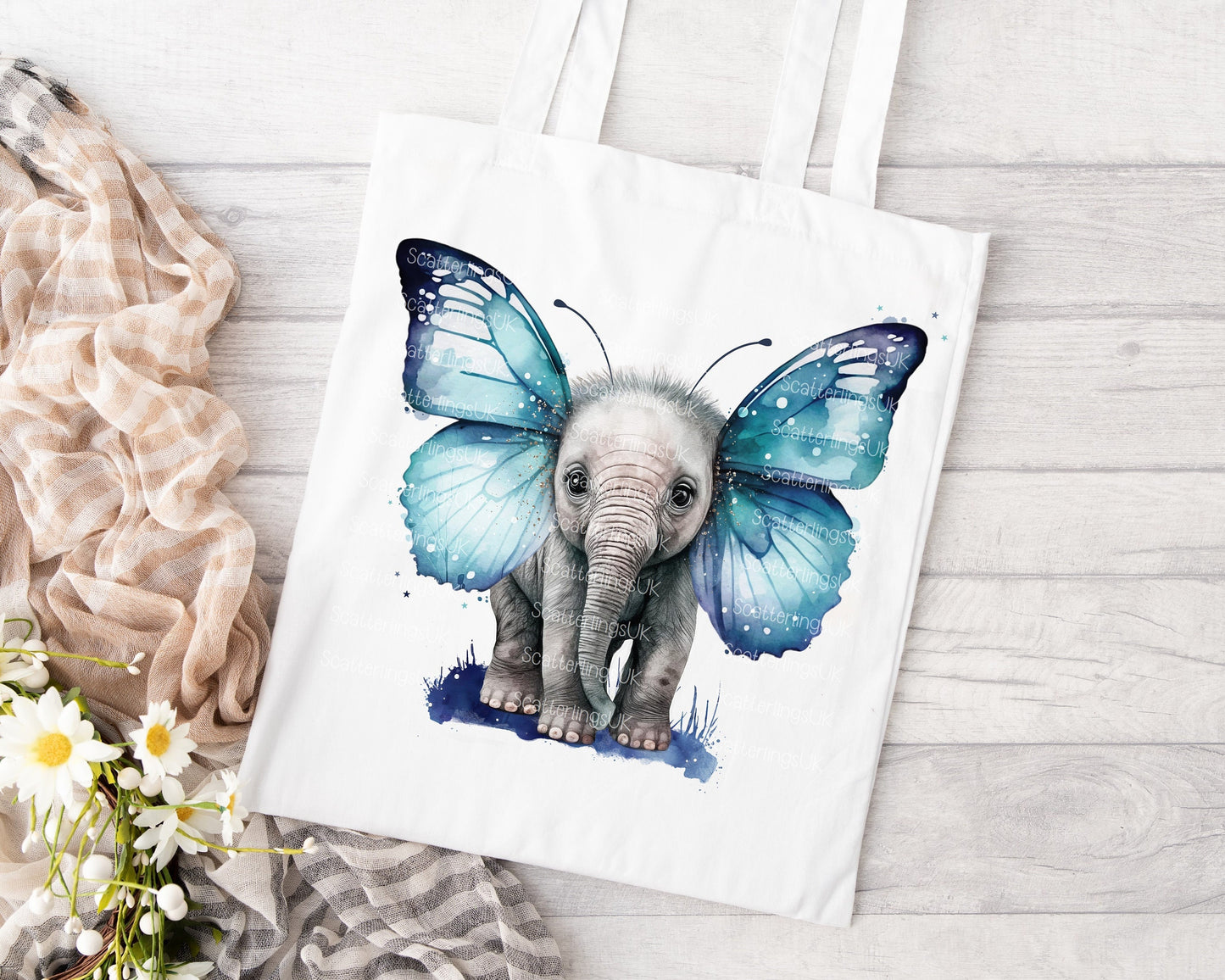 Elephant Butterfly Blue Wings Tote Bag, Personalised, Elephant Lover Bag, Unique Gift for Mum/ Grandma, Personalised Gift, Mother’s Day gift