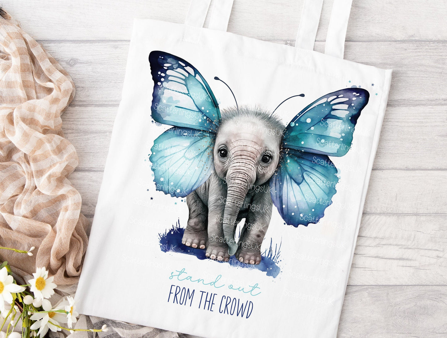 Elephant Butterfly Blue Wings Tote Bag, Personalised, Elephant Lover Bag, Unique Gift for Mum/ Grandma, Personalised Gift, Mother’s Day gift