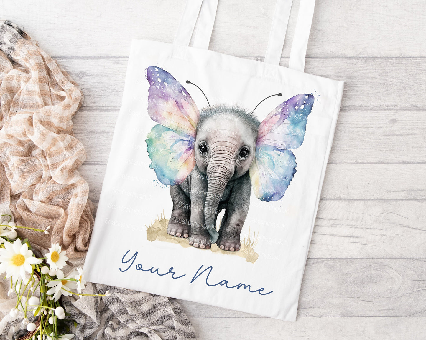 Elephant Butterfly Pastel Wings Tote Bag, Personalised, Elephant Lover Bag, Unique Gift for Mum/ Grandma, Personalised Gift, Mother’s Day