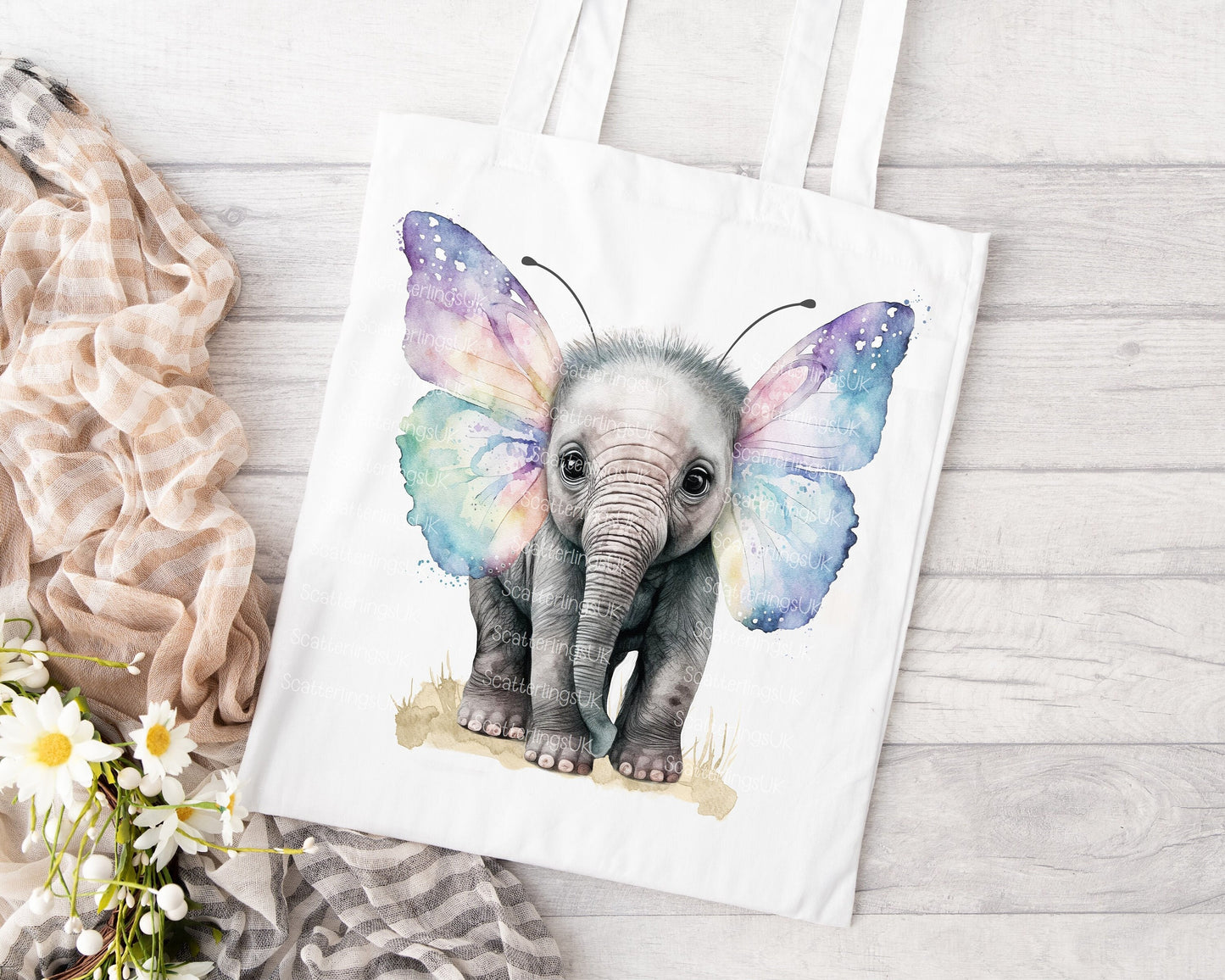 Elephant Butterfly Pastel Wings Tote Bag, Personalised, Elephant Lover Bag, Unique Gift for Mum/ Grandma, Personalised Gift, Mother’s Day