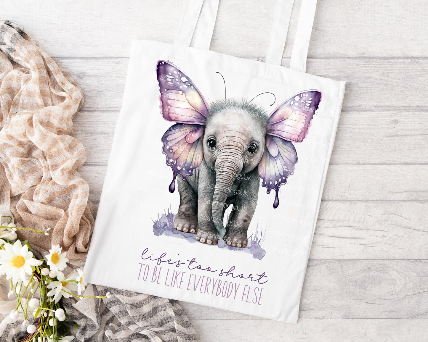 Elephant Butterfly Purple Pink Wings Tote Bag, Personalised, Elephant Lover, Unique Gift for Mum/ Grandma, Gift, Mother’s Day gift