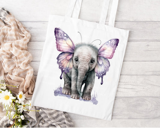 Elephant Butterfly Purple Pink Wings Tote Bag, Personalised, Elephant Lover, Unique Gift for Mum/ Grandma, Gift, Mother’s Day gift