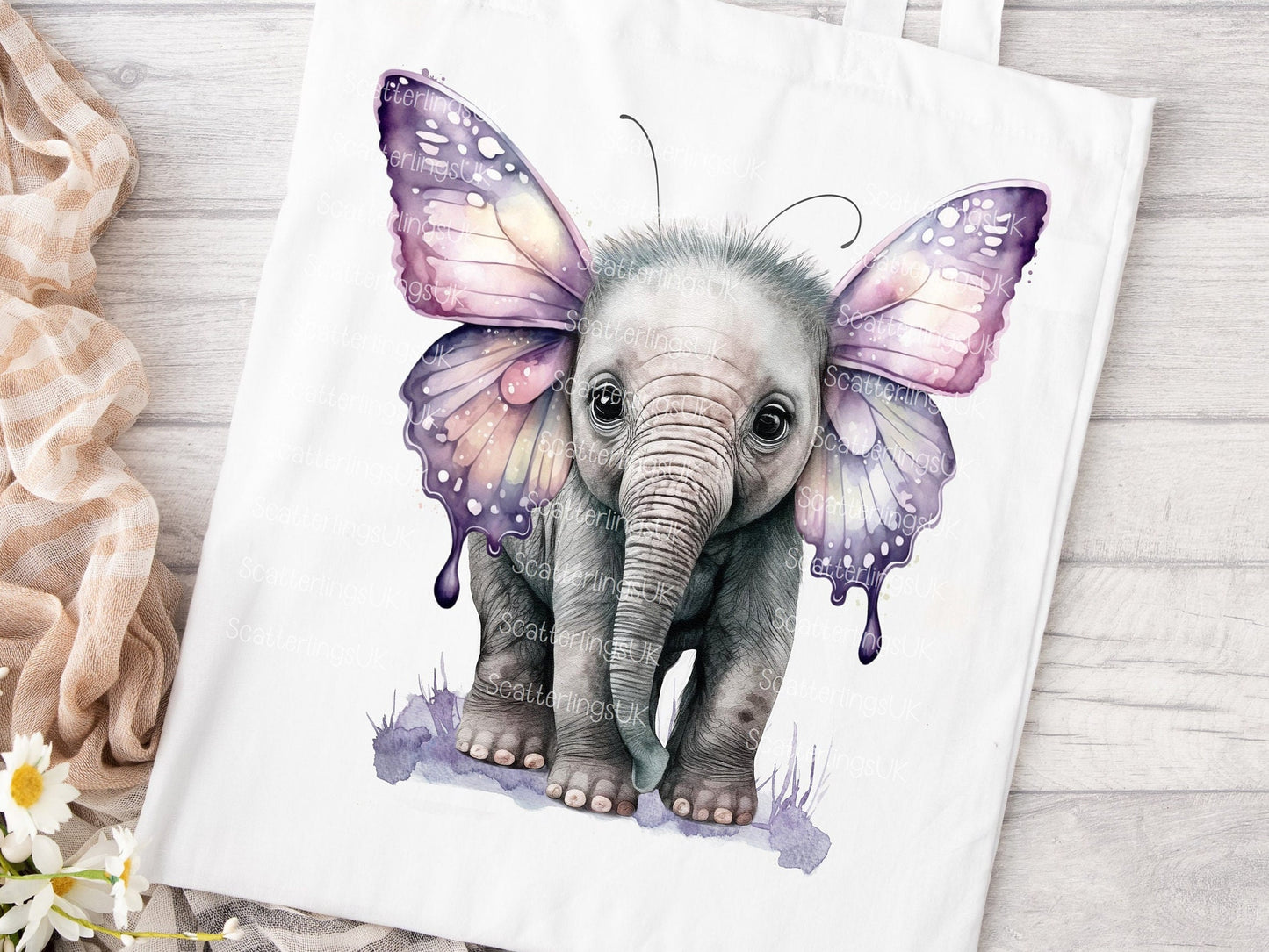 Elephant Butterfly Purple Pink Wings Tote Bag, Personalised, Elephant Lover, Unique Gift for Mum/ Grandma, Gift, Mother’s Day gift