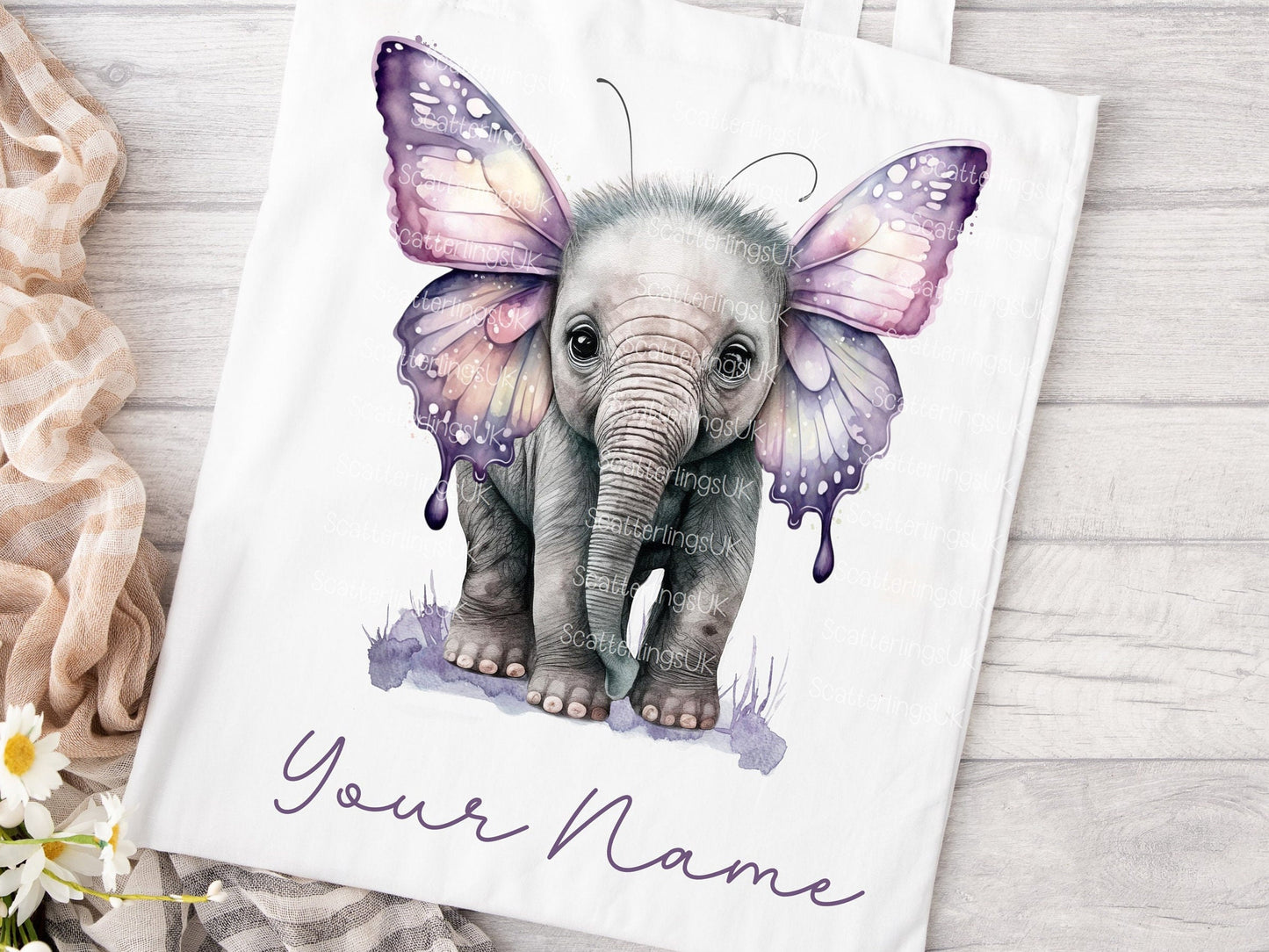 Elephant Butterfly Purple Pink Wings Tote Bag, Personalised, Elephant Lover, Unique Gift for Mum/ Grandma, Gift, Mother’s Day gift