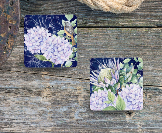 Set of 4 Coasters with Display Stand, South African Protea and Hydrangea/Rhododendron. ( 9x9cm )