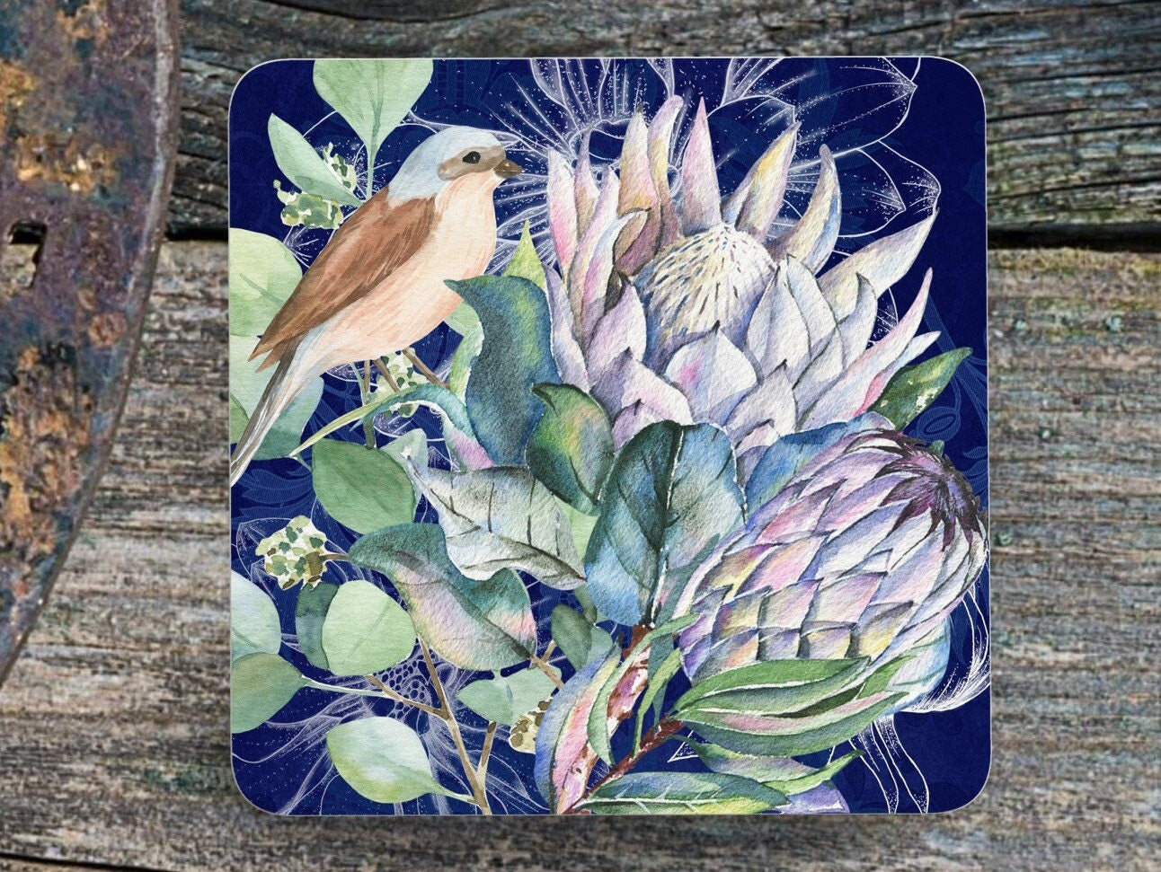 Set of 4 Coasters with Display Stand, South African Protea and Hydrangea/Rhododendron. ( 9x9cm )