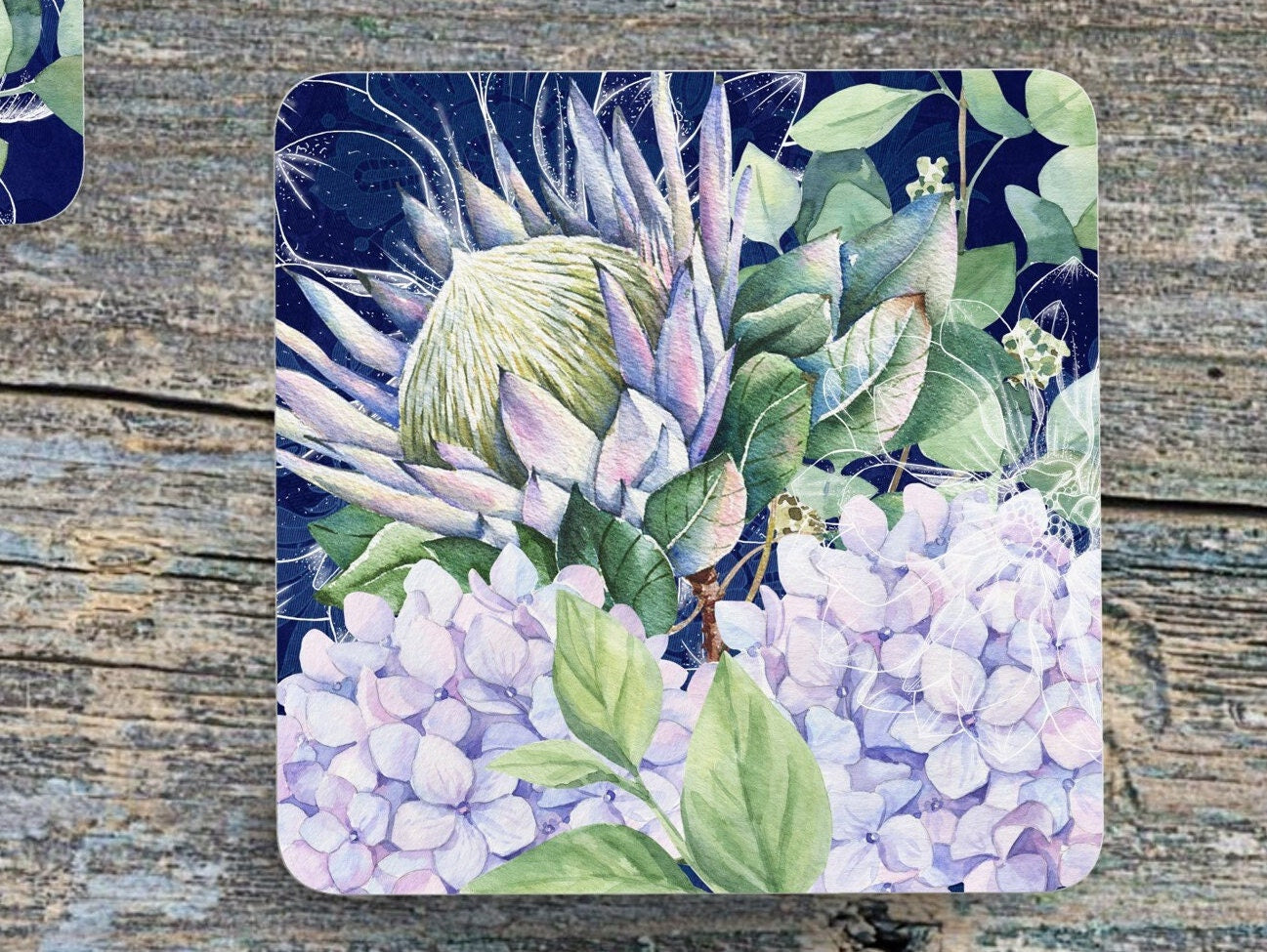 Set of 4 Coasters with Display Stand, South African Protea and Hydrangea/Rhododendron. ( 9x9cm )