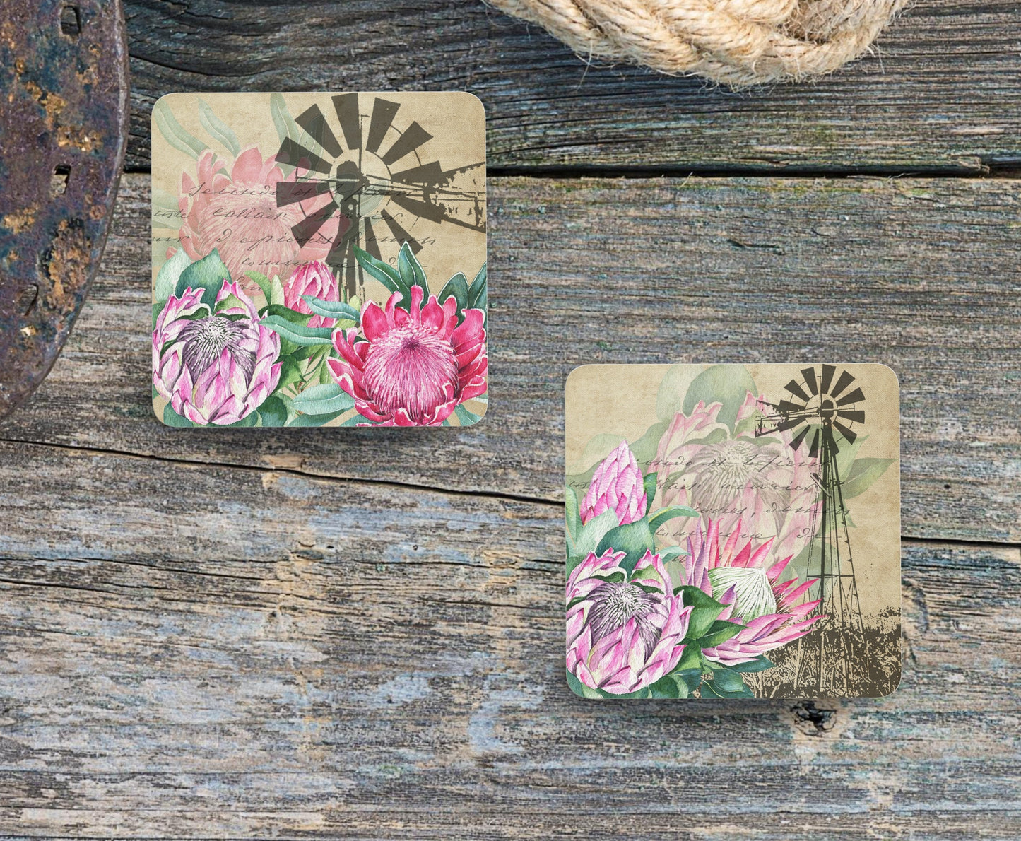 Set of 4 Coasters with Display Stand, Karoo Windmill with Proteas' coasters. South African coasters. ( 9x9cm )