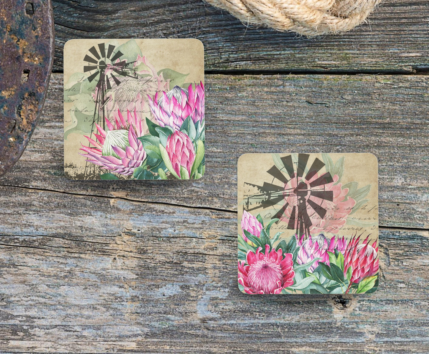 Set of 4 Coasters with Display Stand, Karoo Windmill with Proteas' coasters. South African coasters. ( 9x9cm )