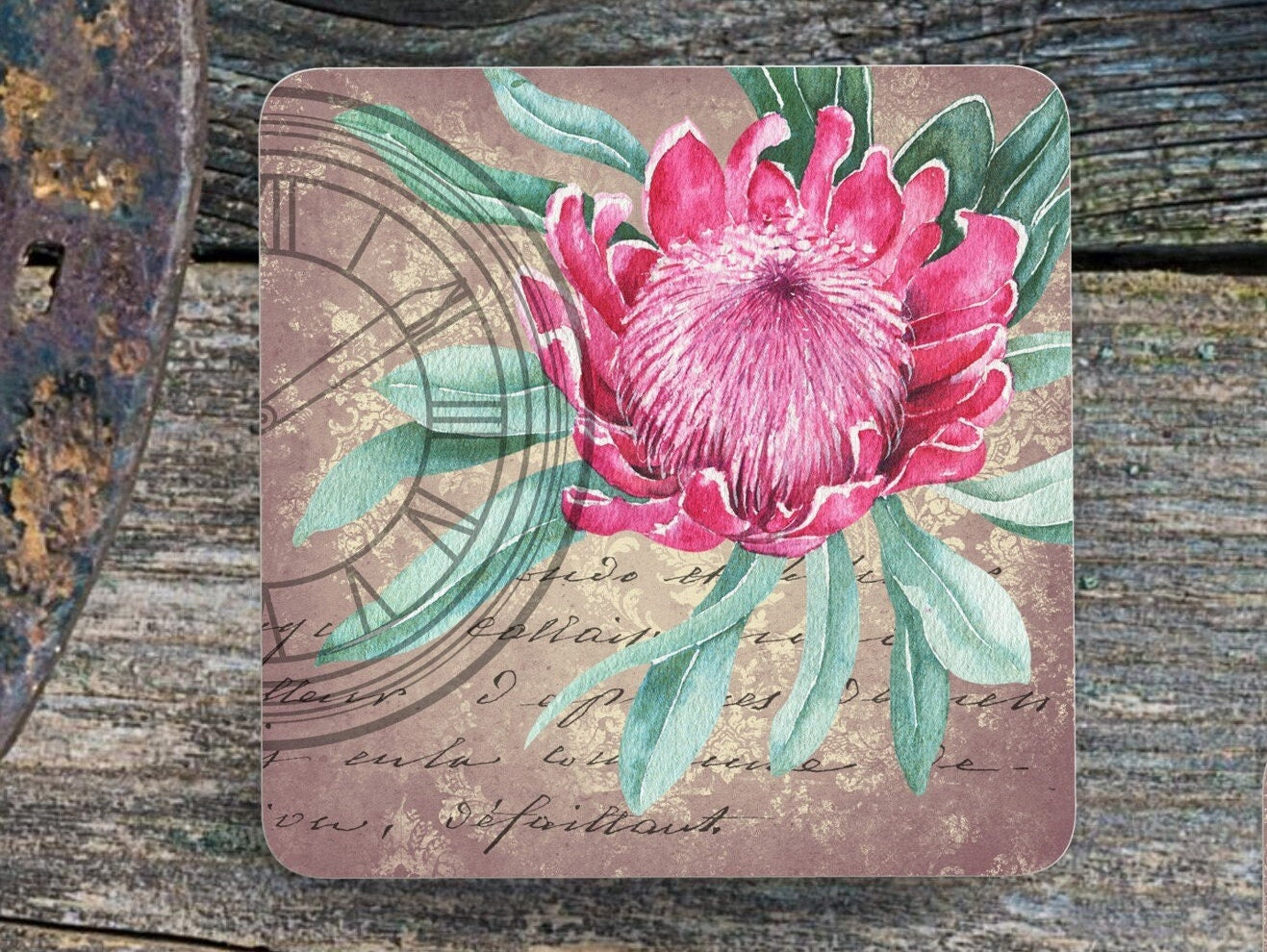 Set of 4 Coasters with Display Stand, Vintage Proteas. South African coasters. ( 9x9cm )