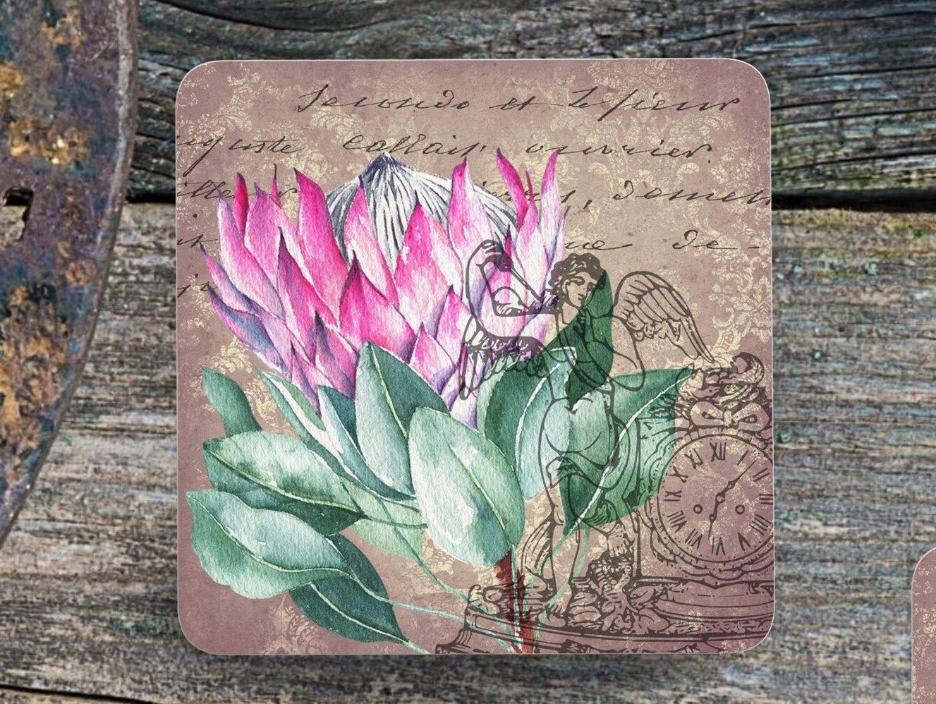 Set of 4 Coasters with Display Stand, Vintage Proteas. South African coasters. ( 9x9cm )