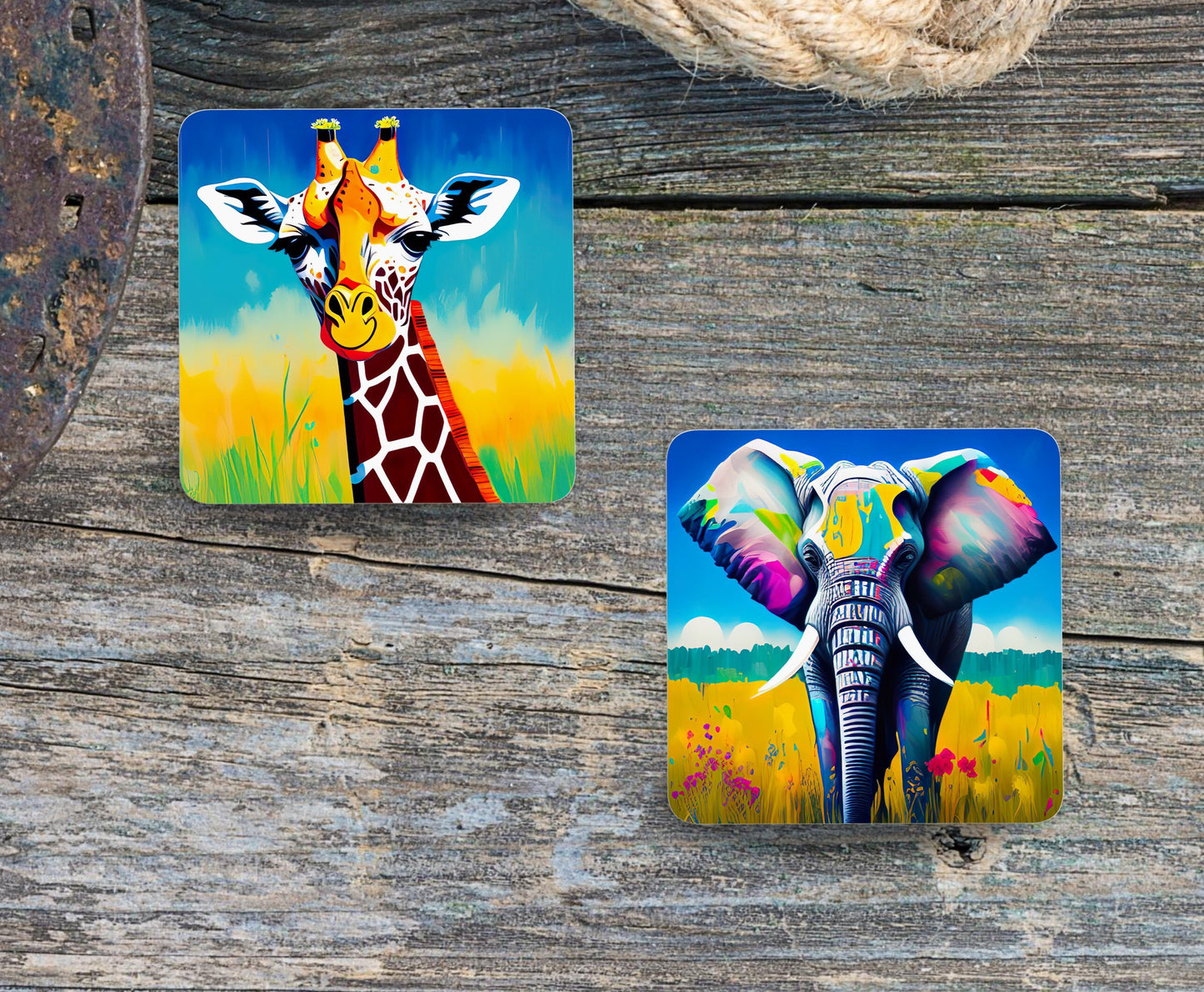 Safari African savannah jungle animal coasters wildlife gift bright colours elephant lion zebra giraffe set of 4 with stand