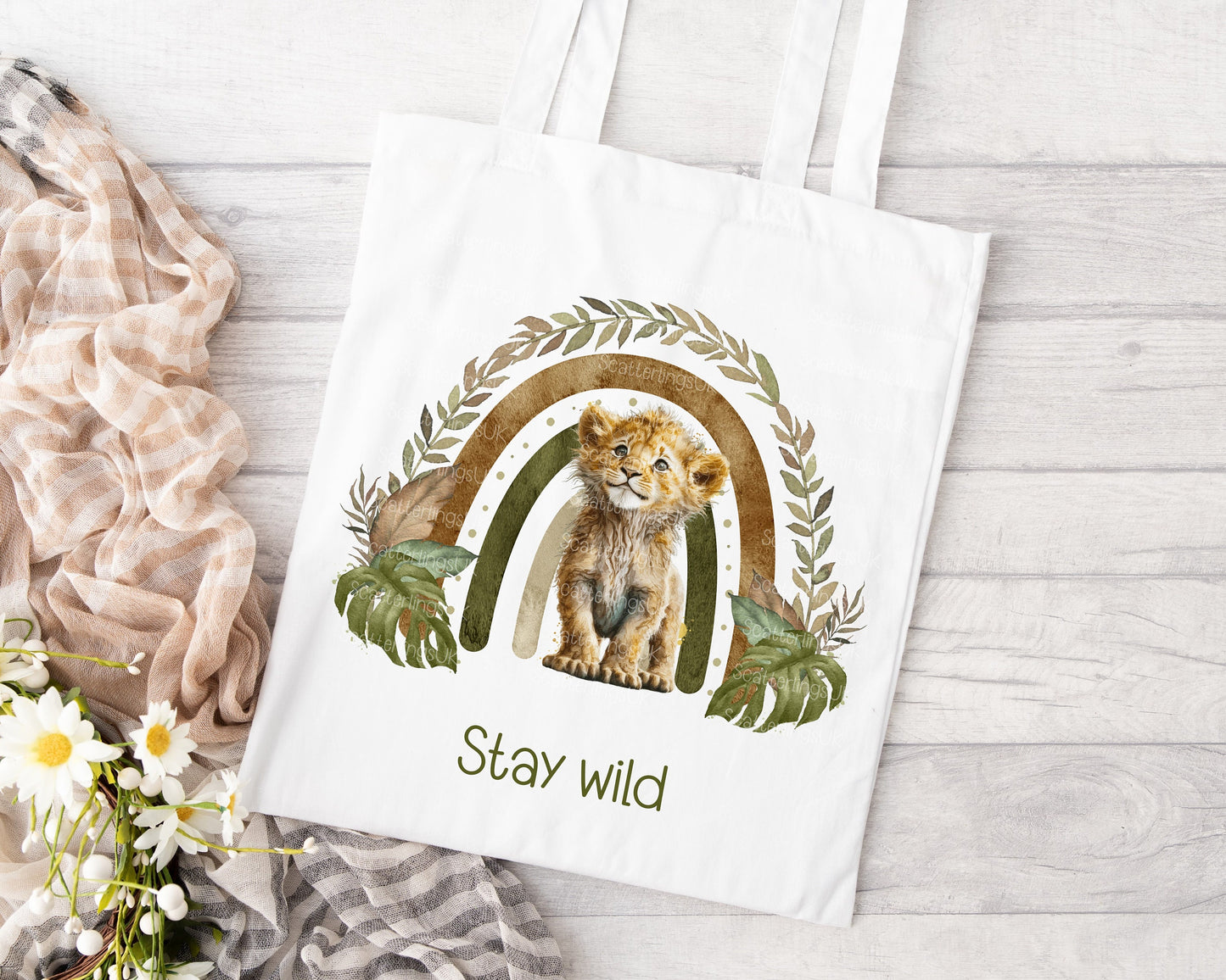 Lion Rainbow personalised custom white tote bag gift for teacher mum nan reusable eco-friendly safari jungle