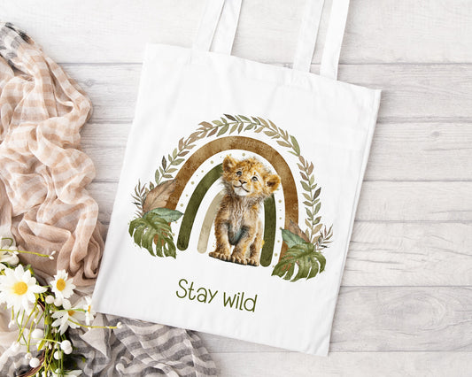 Lion Rainbow personalised custom white tote bag gift for teacher mum nan reusable eco-friendly safari jungle
