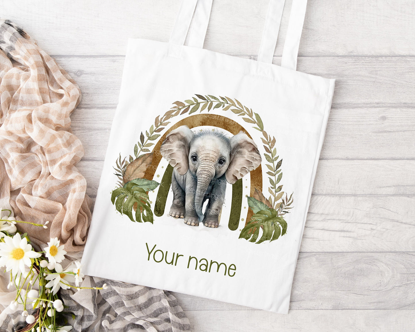 Elephant Rainbow personalised custom white tote bag gift for teacher mum nan reusable eco-friendly safari jungle