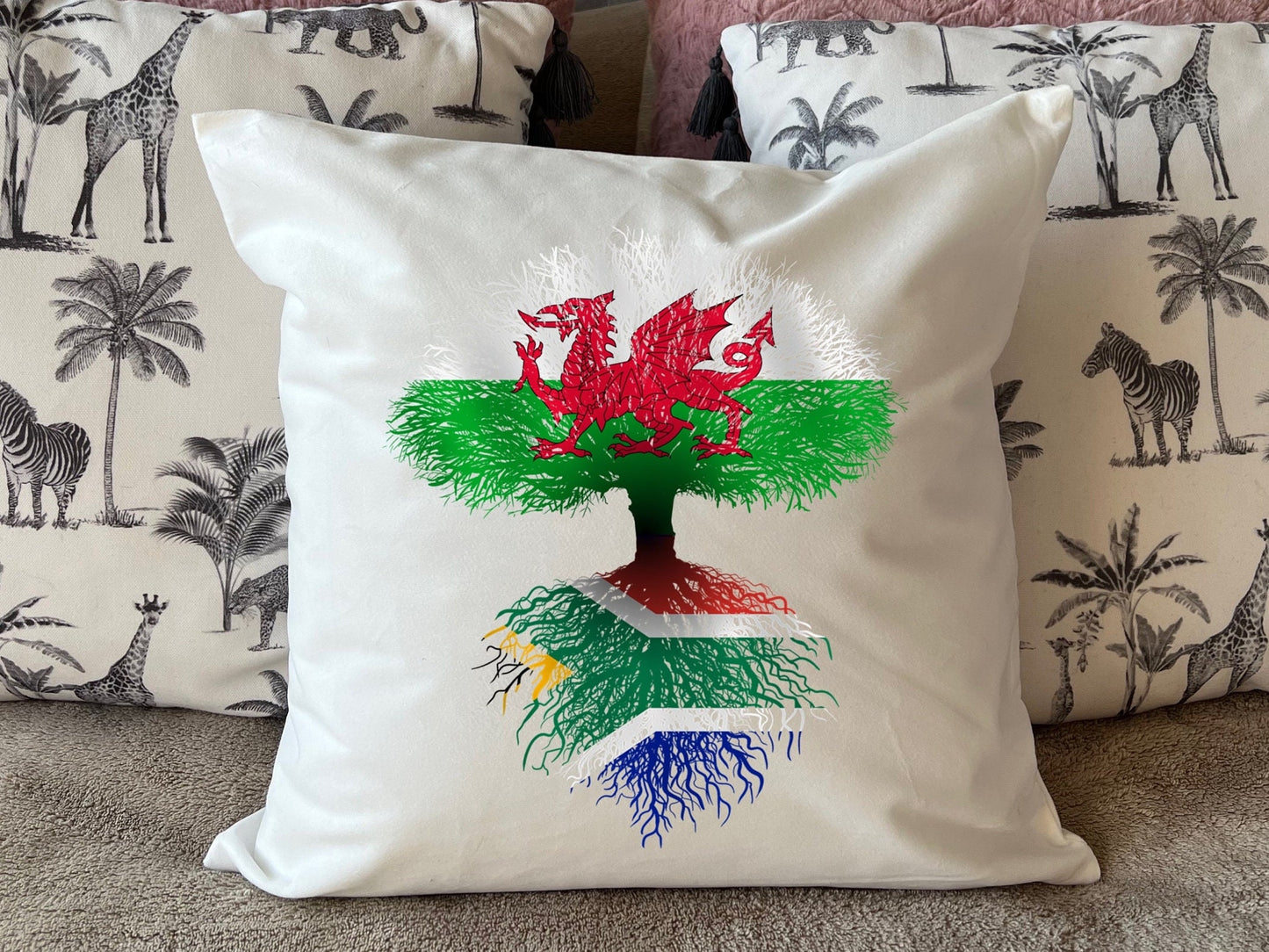 South African roots Flag Wales Welsh dragon Herritage housewarming new home country Immigration gift Family tree white cushion pillow