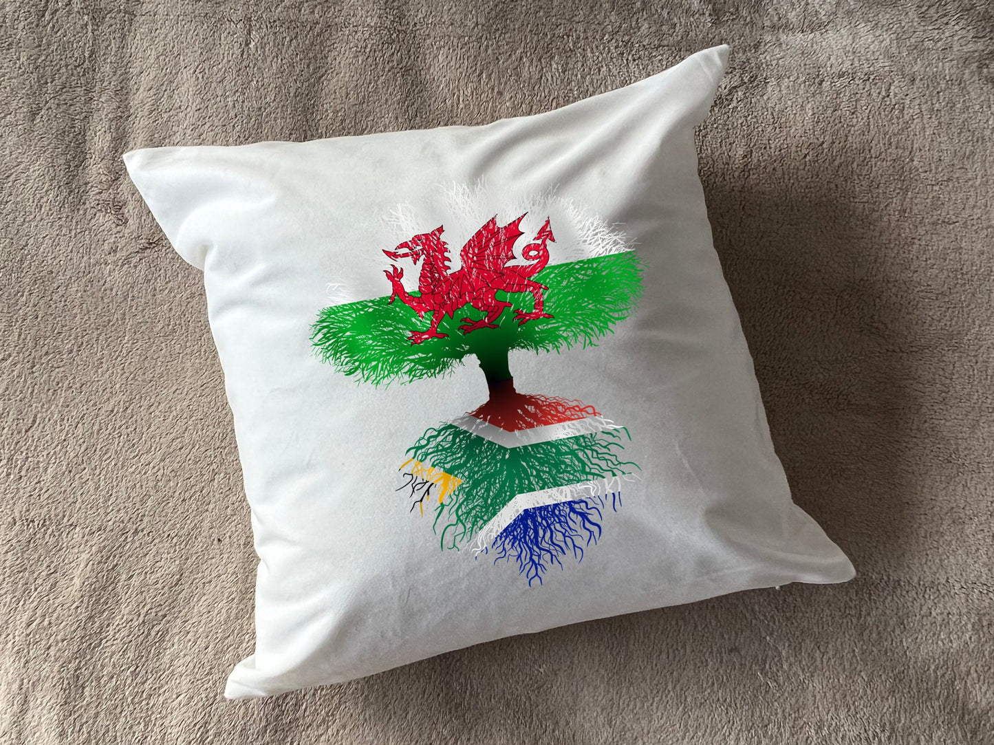 South African roots Flag Wales Welsh dragon Herritage housewarming new home country Immigration gift Family tree white cushion pillow