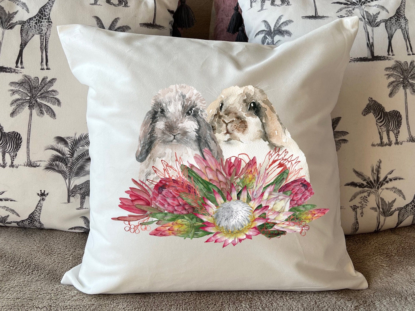 Proteas and Rabbits Bunnies plush white deluxe 'soft feel' scatter cushion. ( 40x40cm ) Easter cushion gift. Mother’s Day gift.Spring gift.