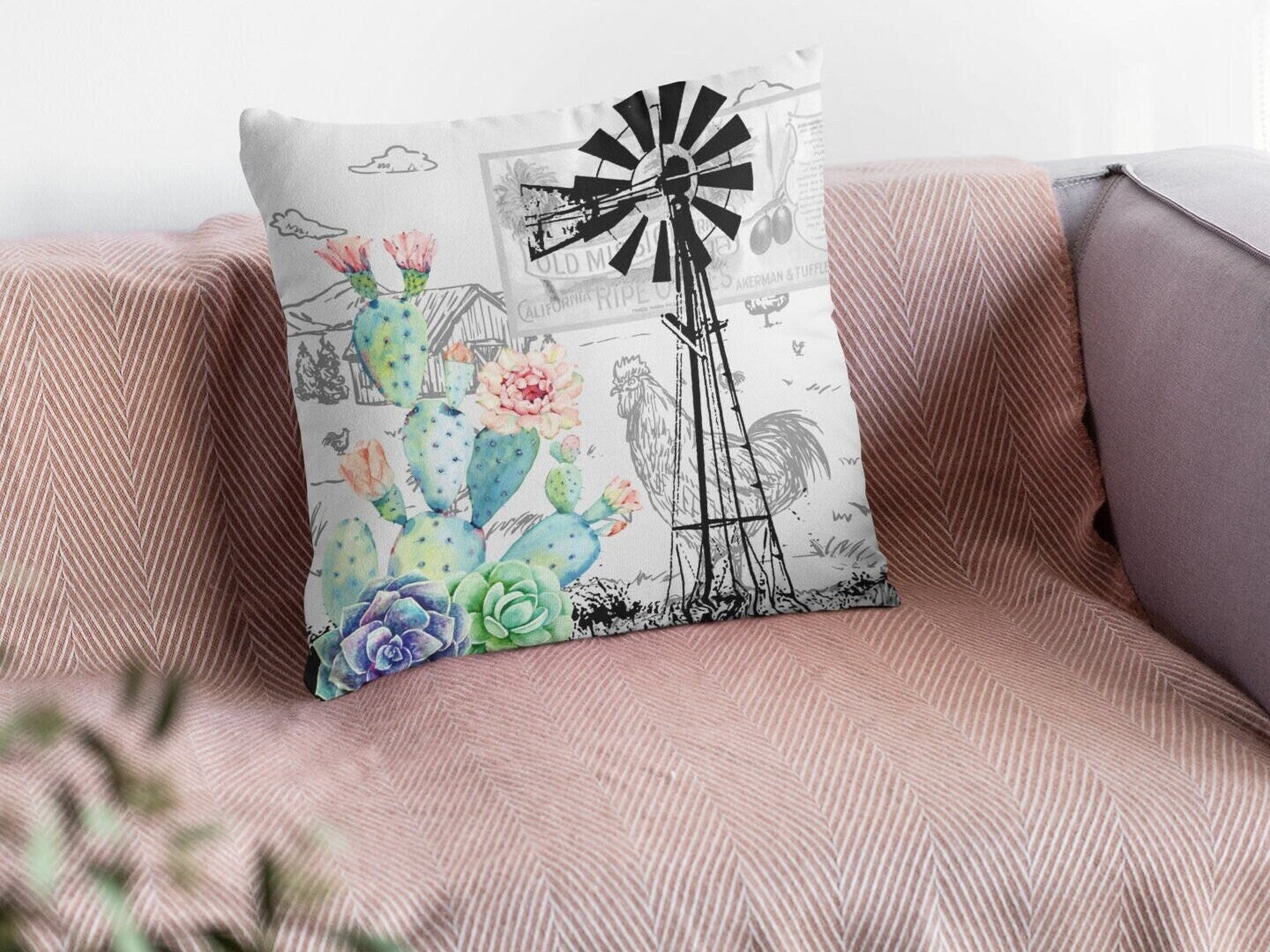 Windpomp/Windmill and Prickly Pears Cactus plush white deluxe 'soft feel' scatter cushion. ( 40x40cm, Individuals or a set of 4 )