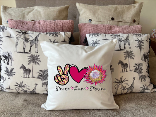 Peace Love Protea design South African Flower Protea Design plush white deluxe soft feel scatter cushion. ( 40x40cm )