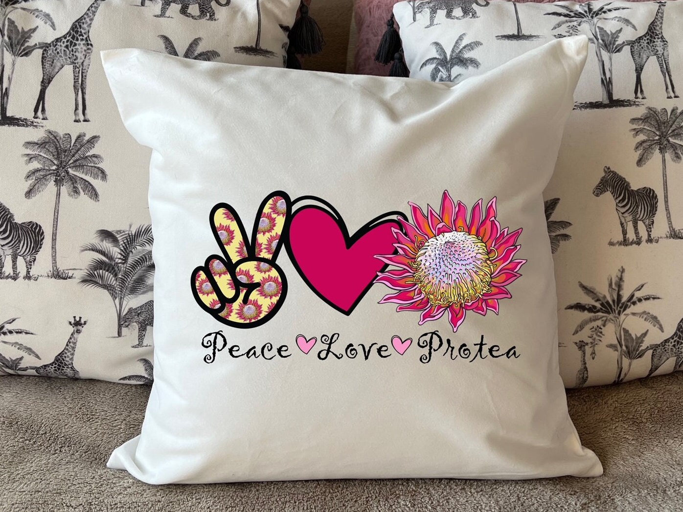 Peace Love Protea design South African Flower Protea Design plush white deluxe soft feel scatter cushion. ( 40x40cm )