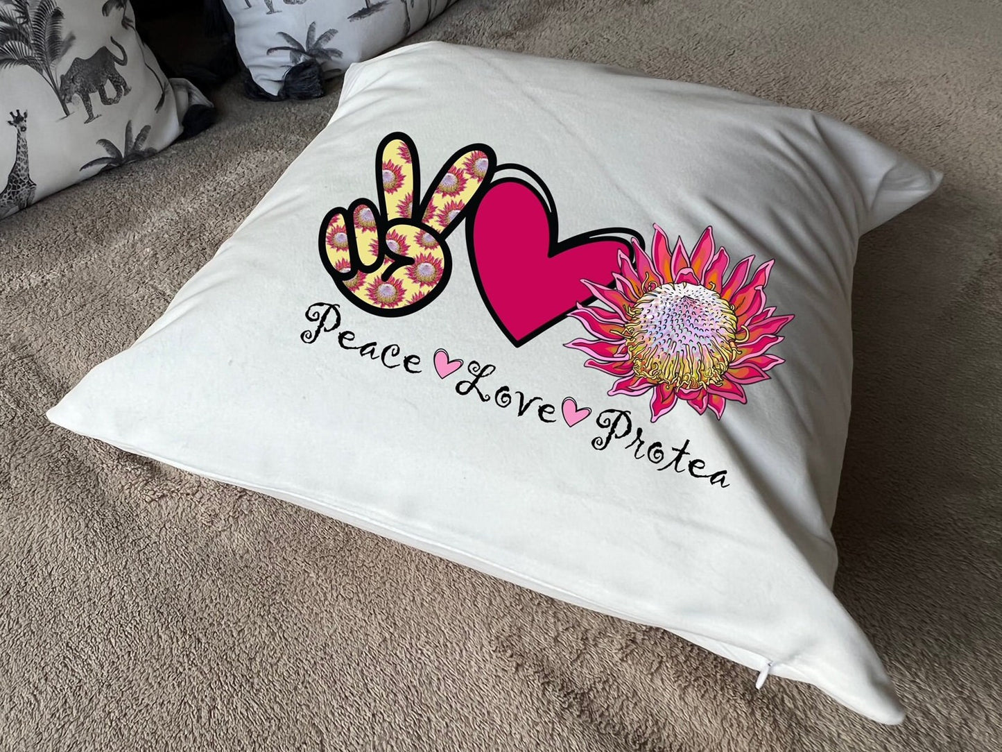 Peace Love Protea design South African Flower Protea Design plush white deluxe soft feel scatter cushion. ( 40x40cm )