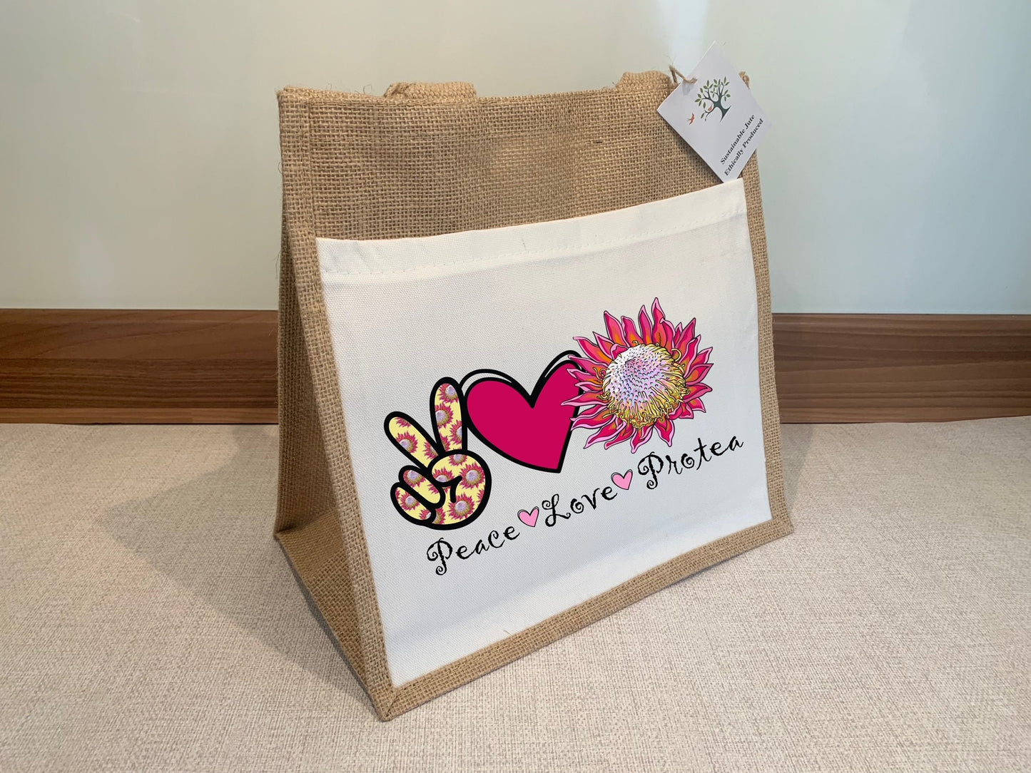 Peace Love Protea Jute Bag with fabric pocket. Eco-friendly Hessian Burlap Tote Reusable. Flag Art.