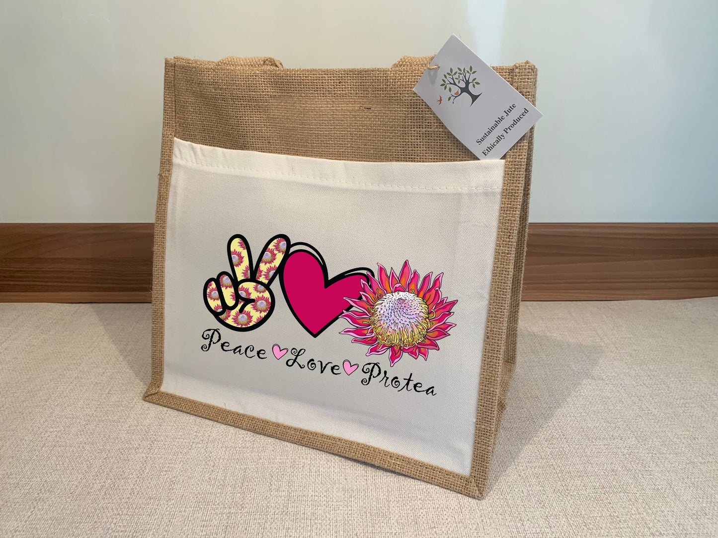 Peace Love Protea Jute Bag with fabric pocket. Eco-friendly Hessian Burlap Tote Reusable. Flag Art.