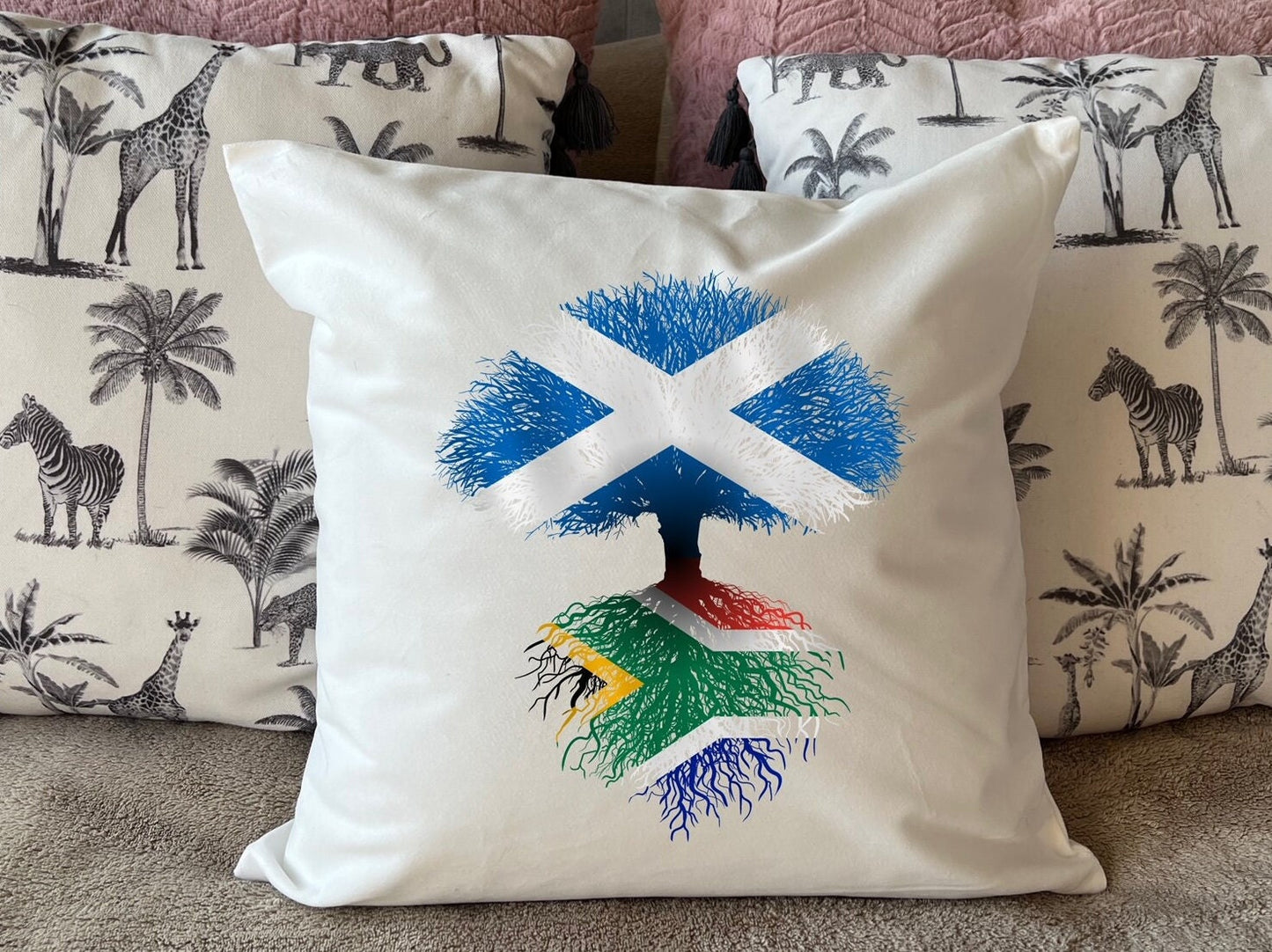 South African roots Flag Scotland Scottish Saltire Tree Herritage housewarming new home country Immigration gift Family white cushion pillow