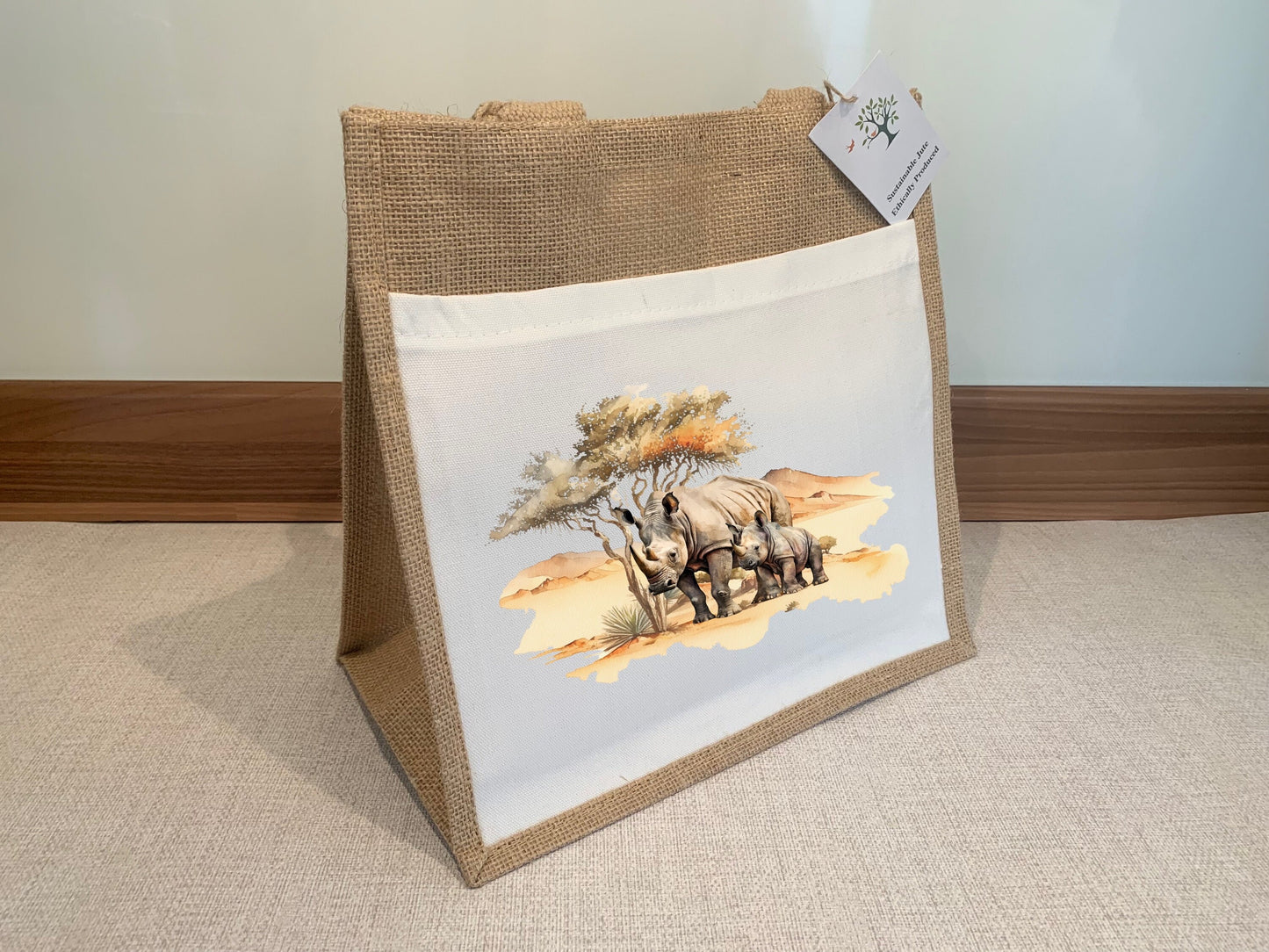 Rhinoceros rhino South African animals Big Five Jute Hessian Burlap tote Bag shopping gift mother's day conservation wildlife safari