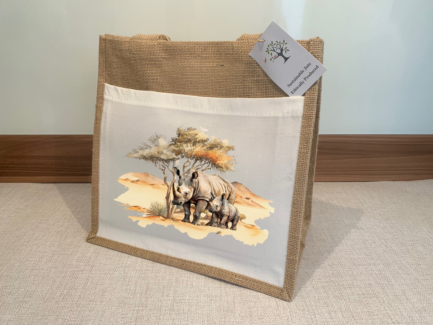 Rhinoceros rhino South African animals Big Five Jute Hessian Burlap tote Bag shopping gift mother's day conservation wildlife safari