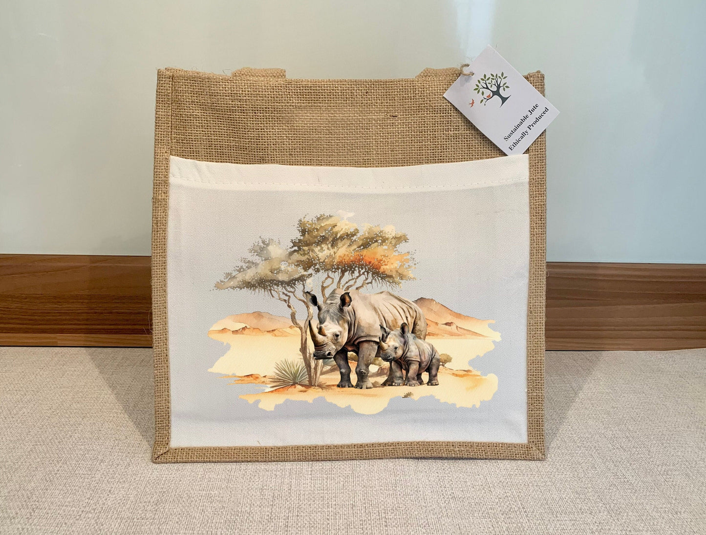 Rhinoceros rhino South African animals Big Five Jute Hessian Burlap tote Bag shopping gift mother's day conservation wildlife safari