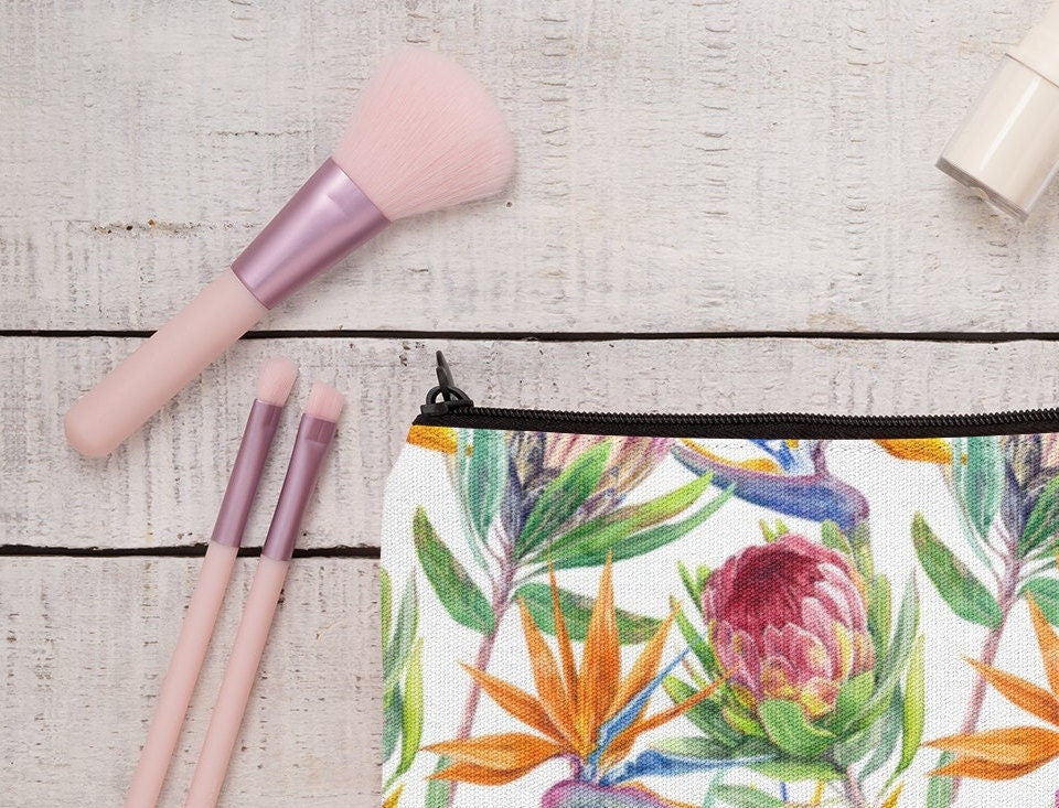 Protea and Strelitzia design linen cosmetics or pencil case