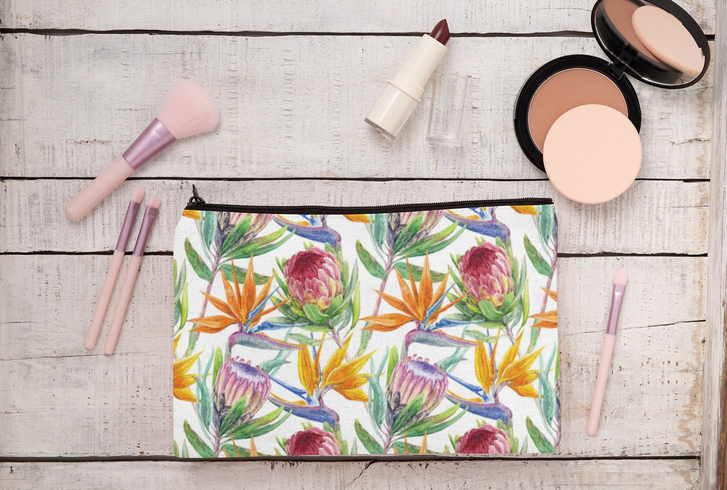 Protea and Strelitzia design linen cosmetics or pencil case