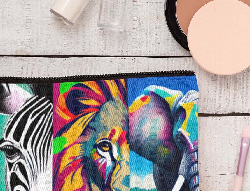 Safari African savannah jungle animal eco friendly cosmetics bag wildlife bright elephant lion zebra giraffe travel gift passport holder