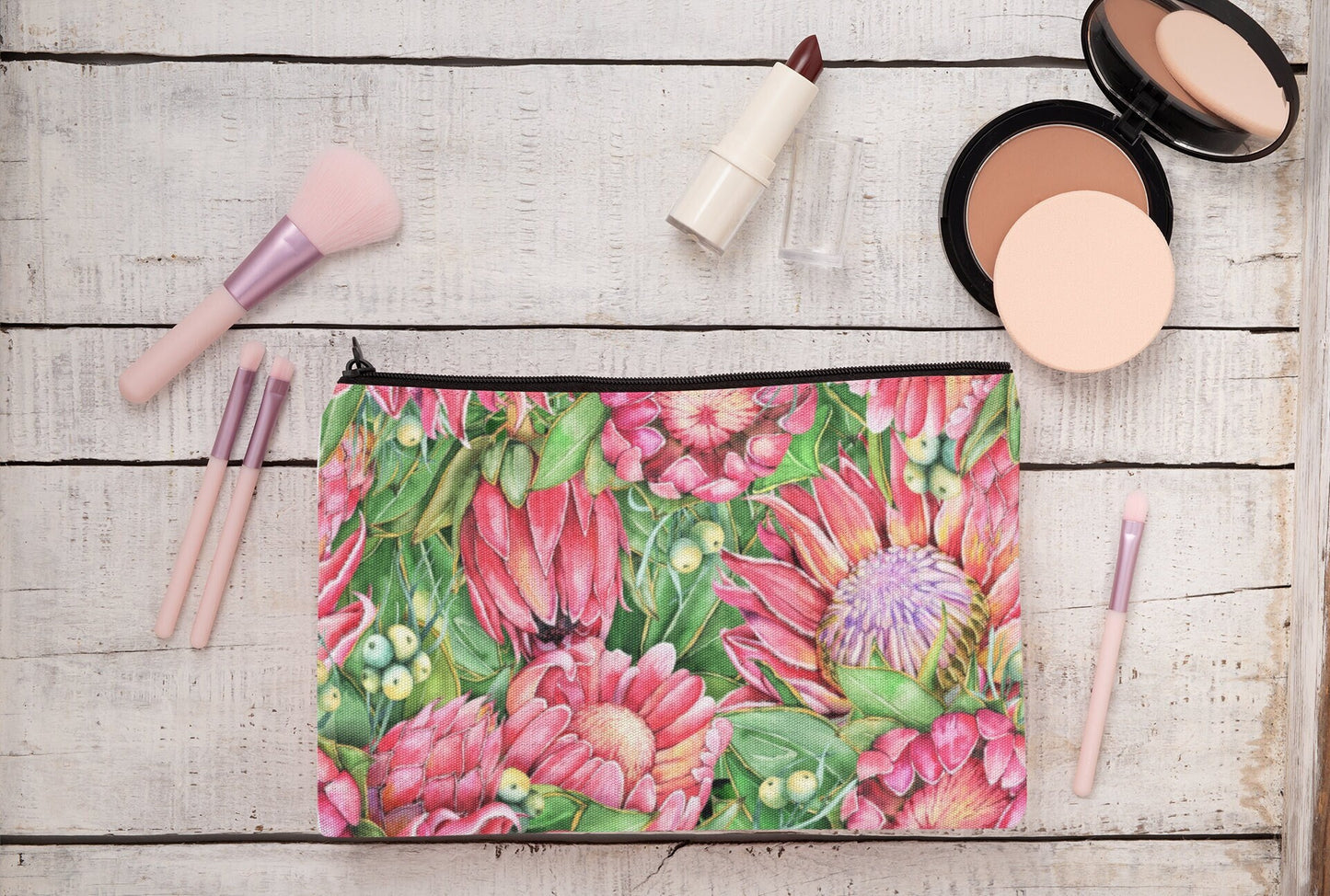 Linen Make up bag cosmetics pencil case with hot pink Protea design Zipped pouch.