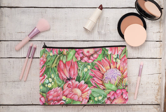 Linen Make up bag cosmetics pencil case with hot pink Protea design Zipped pouch.