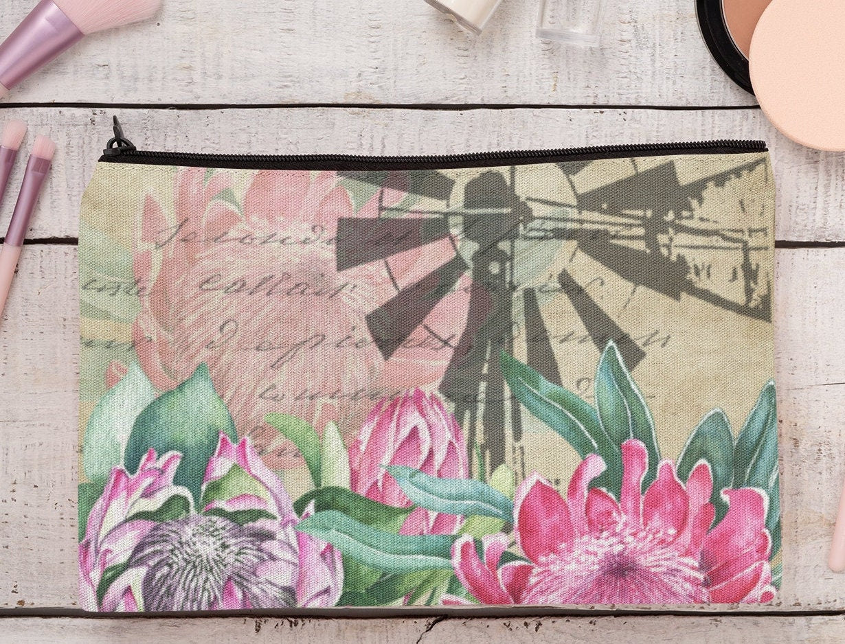 Make up bag Pencil case Karoo Windpomp and Protea design linen cosmetics or pencil case