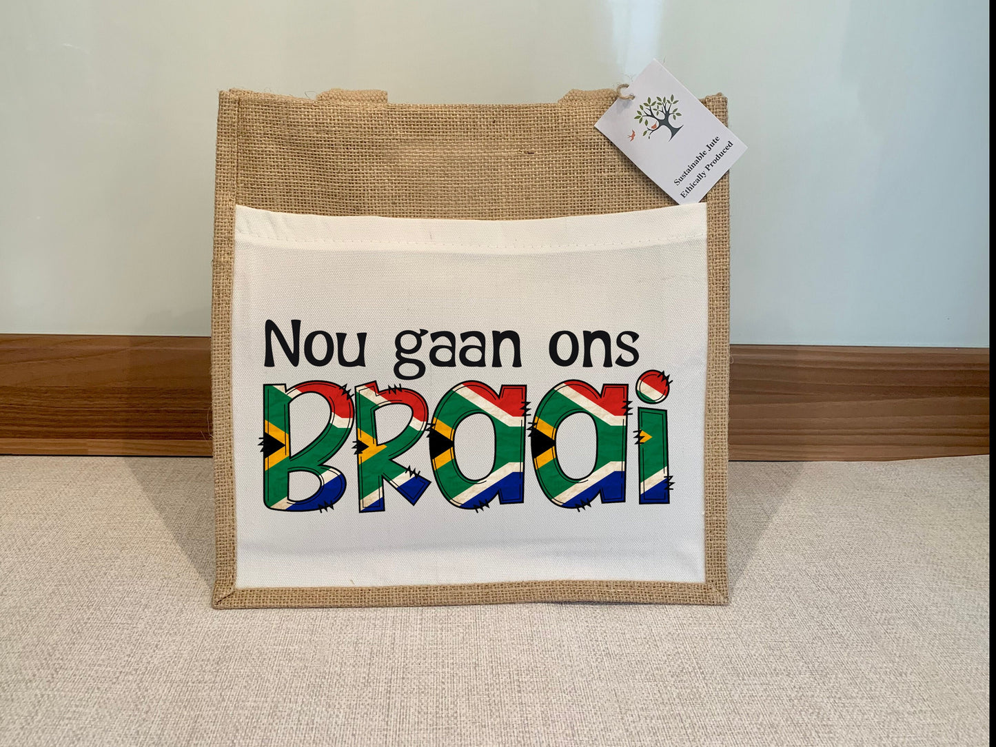 BBQ Braai South African flag Jute Hessian Burlap tote Bag Nou gaan ons slang shopping gift eco friedly reusable