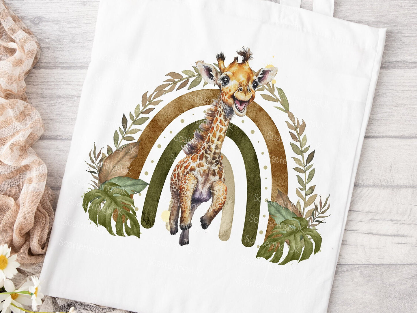 Giraffe Rainbow personalised custom white tote bag gift for teacher mum nan reusable eco-friendly safari jungle