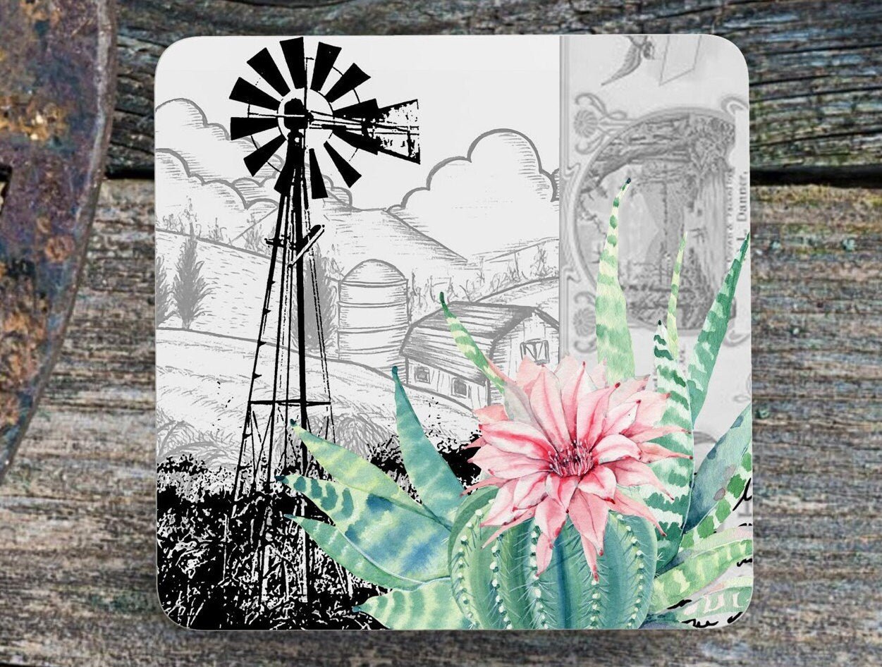 Set of 4 Coasters with Display Stand, Cactus Prickly Pears and Karoo Windpomp. Set of 4 South African 9x9cm coasters.