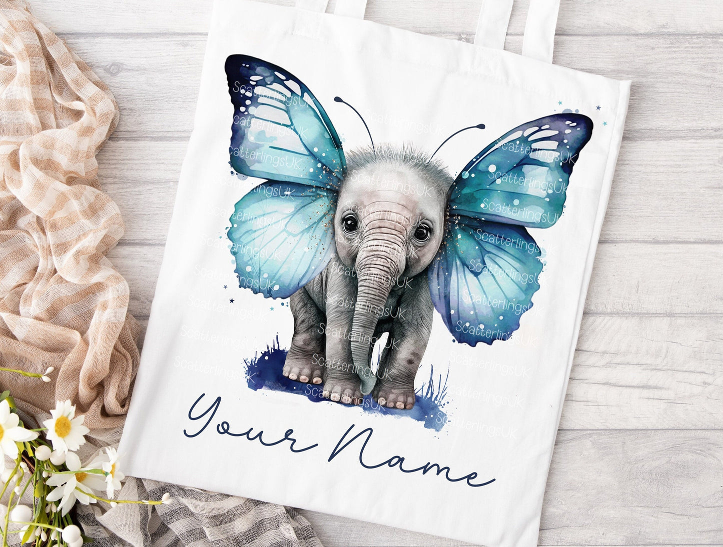 Elephant Butterfly Blue Wings Tote Bag, Personalised, Elephant Lover Bag, Unique Gift for Mum/ Grandma, Personalised Gift, Mother’s Day gift