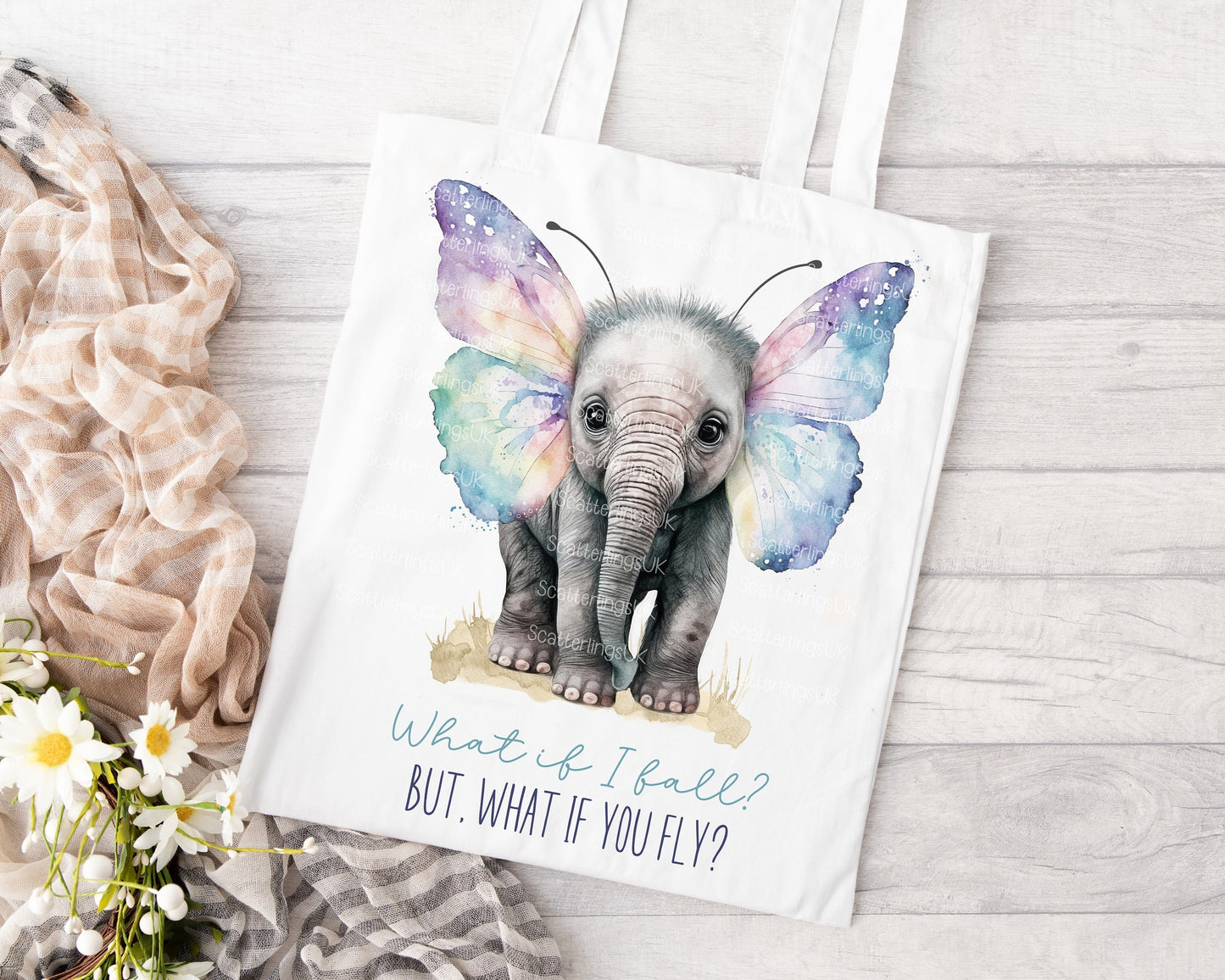 Elephant Butterfly Pastel Wings Tote Bag, Personalised, Elephant Lover Bag, Unique Gift for Mum/ Grandma, Personalised Gift, Mother’s Day