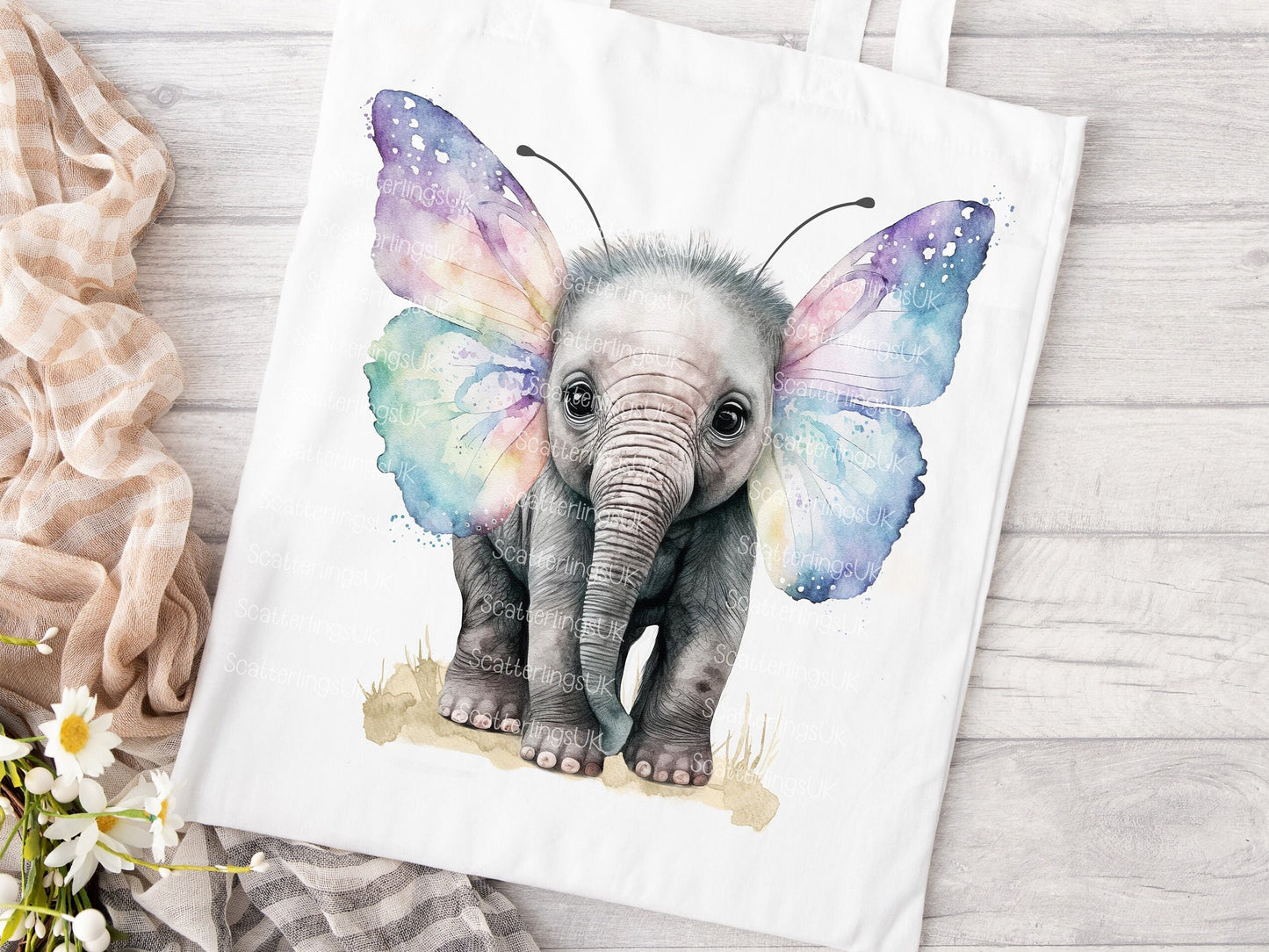 Elephant Butterfly Pastel Wings Tote Bag, Personalised, Elephant Lover Bag, Unique Gift for Mum/ Grandma, Personalised Gift, Mother’s Day